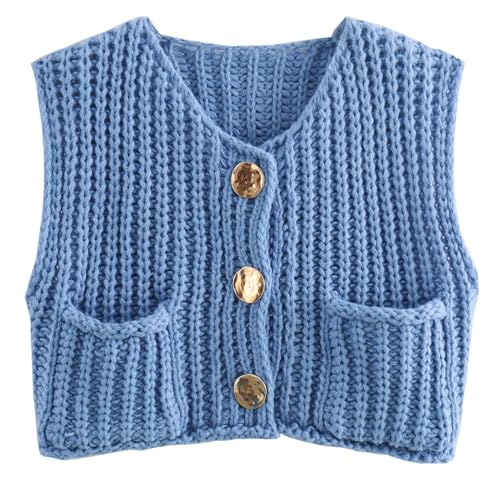 FEOYA Damen Ärmellos Pullover Weste Crochet Chunky Knit Crop Top Ärmellose Strickjacke Pullover Tank Top mit Taschen Blau S von FEOYA