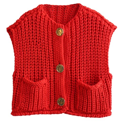 FEOYA Damen Ärmellos Pullover Weste Crochet Chunky Knit Crop Top Ärmellose Strickjacke Pullover Tank Top mit Taschen Rot S von FEOYA