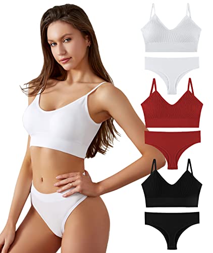 FEOYA Damen BH Set mit Slip Bügellos Dünn Bustier Dessous Sets Push Up Bra Schlaf Sport Unterwäsche 3 Sets-A-Größe L von FEOYA