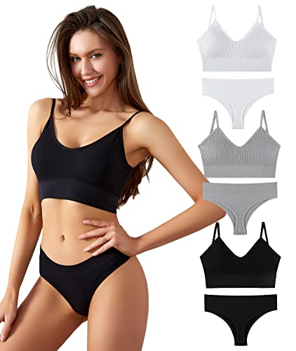 FEOYA Damen BH Set mit Slip Bügellos Dünn Bustier Dessous Sets Push Up Bra Schlaf Sport Unterwäsche 3 Sets-B-Größe L von FEOYA