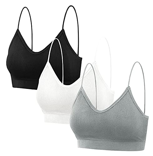 FEOYA Damen BHS Ohne Buegel Push up Yoga BH Bra Top 3er Set Sport-BHS Elastische Bralett-Schwarz+Grau+Weiß-M von FEOYA