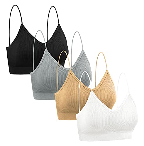 FEOYA Damen BHS Ohne Buegel Push up Yoga BH Bra Top 4er Set Sport-BHS Elastische Bralett-Schwarz+Grau+Weiß+Khaki-M von FEOYA