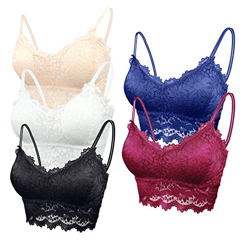 FEOYA Damen BHS Sport-BHS 3er Pack Spitze BH Top Set Ohne Buegel Push up Yoga Bra für Women (5 PCS Weiß+Schwarz+Hautfarbe+Blau+Rot, L) von FEOYA