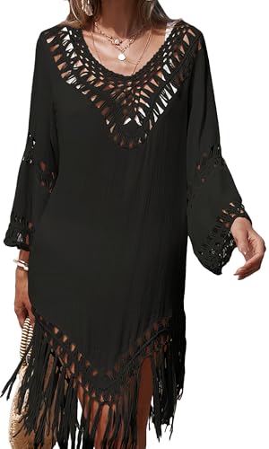 FEOYA Damen Badeanzug Cover Up Quaste V-Ausschnitt Boho Strandponcho Cover-ups Strandkleid Bikini Cover Ups Ausgehöhlte Bikini Badebekleidung Frauen Sommer Pareos Schwarz von FEOYA