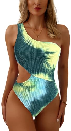 FEOYA Damen Badeanzug Cutout Einteiliger Badeanzug Eine Schulter Gerippter Monokini Badeanzüge A2 S von FEOYA