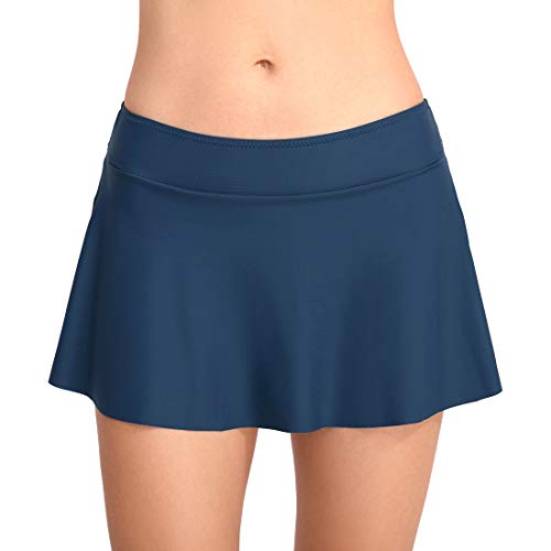 FEOYA Damen Badebekleidung Badeanzug Rock gebaut in Bikini Bottom Baderock Schwimmrock Bikini mit Hotpants Blau S von FEOYA