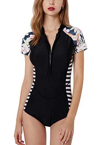 FEOYA-Damen Badebekleidung Neoprenanzug Tauchanzug Uv Rashguard Reißverschluss Elastischer Surfanzug Sportlicher Badeanzug Schlank Trikot Badeanzug Kurzarm mit Brustpolster - L von FEOYA