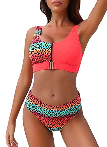 FEOYA Damen Bademode Zweiteiliger Badeanzug Slim Fit Push Up Schwimmanzug Schwimmen Top + Slip Set Muster 1 - Größe M von FEOYA