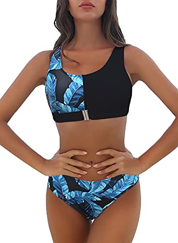 FEOYA Damen Bademode Zweiteiliger Badeanzug Slim Fit Push Up Schwimmanzug Schwimmen Top + Slip Set Muster 4 - Größe M von FEOYA