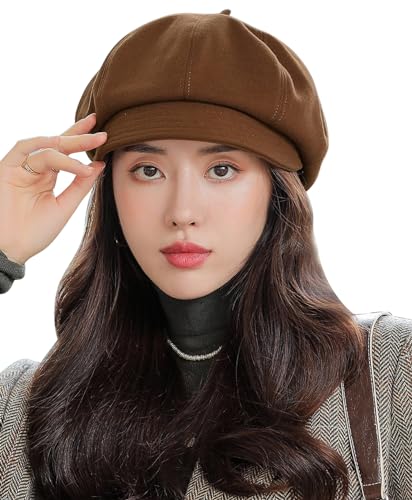 Damen Ballonmütze Basic Schirmmütze Vintage Barett Mütze Elegant Wintermütze mit Schirm Stil A-Braun von FEOYA