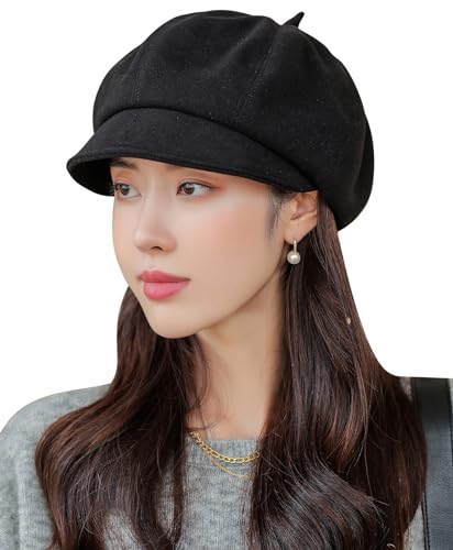 FEOYA Damen Ballonmütze Basic Schirmmütze Vintage Barett Mütze Elegant Wintermütze mit Schirm Stil A-Schwarz von FEOYA