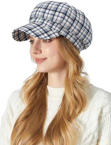 FEOYA Damen Ballonmütze mit Glencheck Karo Muster Bakerboy Schirmmütze Newsboy Cap Retro Visor Barett Hat Maler Kappe Herbst Winter Blau von FEOYA