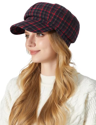 FEOYA Damen Ballonmütze mit Glencheck Karo Muster Bakerboy Schirmmütze Newsboy Cap Retro Visor Barett Hat Maler Kappe Herbst Winter Rot von FEOYA
