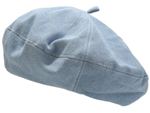 FEOYA Damen Baumwolle Beret Hut Denim Französisch Beret Künstler Beret Cap Solid Beanie Freizeit Cap Atmungsaktiv Bequem Hellblau von FEOYA