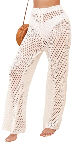 FEOYA Damen Bikini Cover Up Hose Transparent Mesh Strandhose Häkel Strick Lang Hosen Hohe Taille Elastisch Beach Unterteil Hellweiß XL von FEOYA