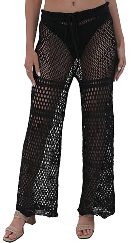 FEOYA Damen Bikini Cover Up Hose Transparent Mesh Strandhose Häkel Strick Lang Hosen Hohe Taille Elastisch Beach Unterteil Schwarz M von FEOYA