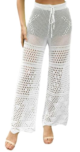 FEOYA Damen Bikini Cover Up Hose Transparent Mesh Strandhose Häkel Strick Lang Hosen Hohe Taille Elastisch Beach Unterteil Weiß L von FEOYA