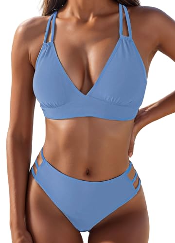 FEOYA Damen Bikini Set V Ausschnitt Bademode Crossback Zweiteiliger Badeanzug Push Up Schwimmanzug Swimsuit Grau Blau XL von FEOYA