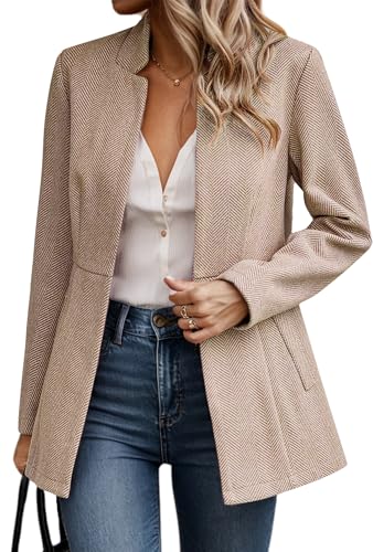 FEOYA Damen Blazer mit Taschen Vorne Offen Elegant Kurzblazer Stehkragen Slim Fit Anzug Jacke Business Mantel Büro Arbeit Geschäft Beige XL von FEOYA