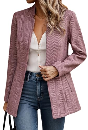 FEOYA Damen Blazer mit Taschen Vorne Offen Elegant Kurzblazer Stehkragen Slim Fit Anzug Jacke Business Mantel Büro Arbeit Geschäft Dunkelrosa XL von FEOYA