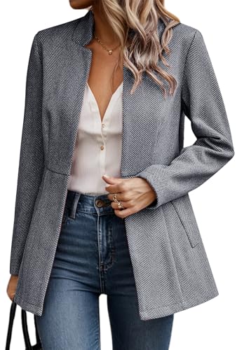FEOYA Damen Blazer mit Taschen Vorne Offen Elegant Kurzblazer Stehkragen Slim Fit Anzug Jacke Business Mantel Büro Arbeit Geschäft Grau L von FEOYA