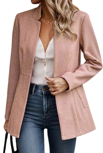 FEOYA Damen Blazer mit Taschen Vorne Offen Elegant Kurzblazer Stehkragen Slim Fit Anzug Jacke Business Mantel Büro Arbeit Geschäft Rosa M von FEOYA