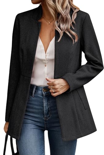FEOYA Damen Blazer mit Taschen Vorne Offen Elegant Kurzblazer Stehkragen Slim Fit Anzug Jacke Business Mantel Büro Arbeit Geschäft Schwarz M von FEOYA