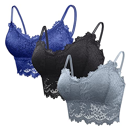 FEOYA Damen Blumen Spitzen BH Ohne Buegel 3 pcs Bralette Bustier Bequemer Lace Bra mit Gepolstert Yoga Spitze BH Bra Top Set Sport-BHS für Women von FEOYA