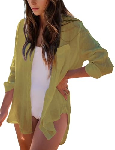 FEOYA Damen Bluse Langarm Shirt Oberteile Knopf Sonnenschutz Kleidung Blusen UV-blockierende Hemden Badeanzug Strand Bikini Cover Up Shirt Strandurlaub V Ausschnitt Kleid Bademode Gelb von FEOYA