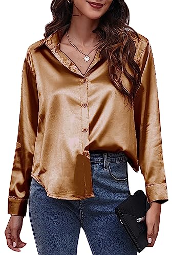 FEOYA Damen Bluse Satin Langarm Fromal Shirts Office Tops Casual Loose Fit Tunika Shirt Business Oberteile Braun L von FEOYA