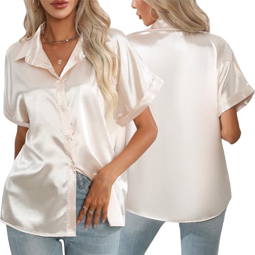 FEOYA Damen Bluse Satin Seide V-Ausschnitt Hemd Mit Knopfleiste Sommer Tops Kurzarm Damenbekleidung Satin Hemd Casual Bluse Shirt Lose Lässig Büro Gold S FEOYA Damen Bluse Satin Seide V-Ausschnitt Hemd Mit Knopfleiste Sommer Tops Kurzarm Damenbekleidung Satin Hemd Casual Bluse Shirt Lose Lässig Büro Gold S von FEOYA