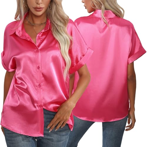 FEOYA Damen Bluse Satin Seide V-Ausschnitt Hemd Mit Knopfleiste Sommer Tops Kurzarm Damenbekleidung Satin Hemd Casual Bluse Shirt Lose Lässig Büro Rosa XL von FEOYA