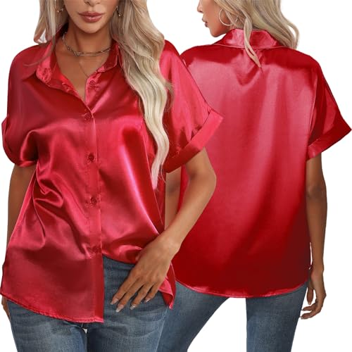 FEOYA Damen Bluse Satin Seide V-Ausschnitt Hemd Mit Knopfleiste Sommer Tops Kurzarm Damenbekleidung Satin Hemd Casual Bluse Shirt Lose Lässig Büro Rot XL von FEOYA
