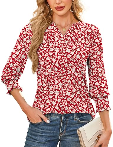 FEOYA Damen Bluse V-Ausschnitt Elegant Tunika Shirts 3/4 Arm Casual Hemd Sommer Tops Locker Lässig Oberteil Rot M von FEOYA