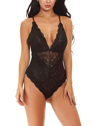 FEOYA Damen Bodys Oberteil Sexy Nachtwäsche Spitzenbody Stringbody Negligee Nachtkleid Lingerie Spitze Reizwäsche Dessous Set Schwarz S von FEOYA