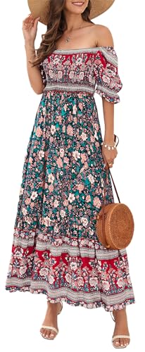 FEOYA Damen Boho Maxikleid Puffärmel Lang Blumenkleid Sommerkleid Boho Kleid Freizeitkleid Schwarz 2 XL von FEOYA