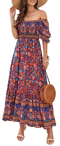 FEOYA Damen Boho Sommerkleider Blumen Kurzarm Retro Knielang Strandkleider U Ausschnitt Elegant Maxikleid - L von FEOYA