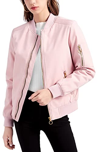 FEOYA Damen Bomberjacke Leichter Stehkragen Kurzer Bombermantel Sportbekleidung Bikerjacke Casual Reißverschluss Outwear Rosa L von FEOYA