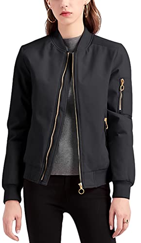 FEOYA Damen Bomberjacke Leichter Stehkragen Kurzer Bombermantel Sportbekleidung Bikerjacke Casual Reißverschluss Outwear Schwarz XXL von FEOYA