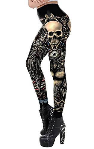 FEOYA Damen Bunte Skull Schädel Bedruckt Leggings Sanft Elastische Hosen Lang Hohe Taille Sporthose Halloween von FEOYA