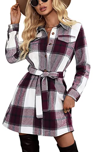 FEOYA Damen Button Up Lang/Mittellange Plaid Shacket Flanell/Fleece Revers Mantel mit Gürtel(02) Warme Plüschjacke mit Brusttasche für Herbst Winter S-XL, 02 weinrot, 42 von FEOYA