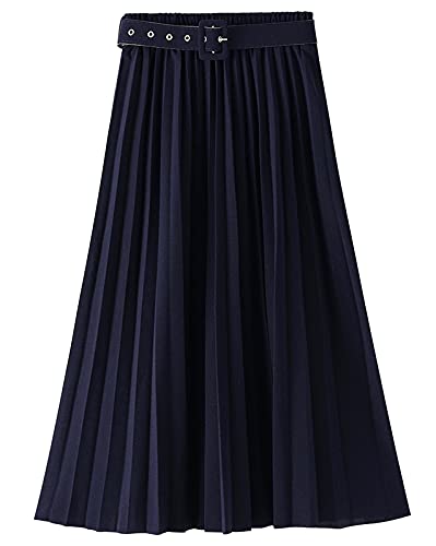 FEOYA Damen Casual Elegant Midi Faltenrock Hohe Taille A-Linie Flowy Stilvoller Rock mit Gürtel Verstellbarer Bund, marineblau, Einheitsgröße von FEOYA