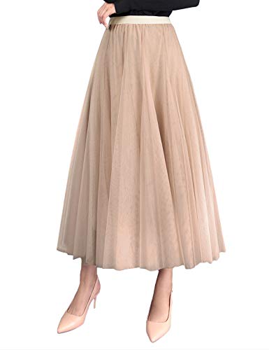 FEOYA Damen Chiffon-Röcke, einfarbig, elastisch, hohe Taille Gr. One size, Stil 5 Beige von FEOYA