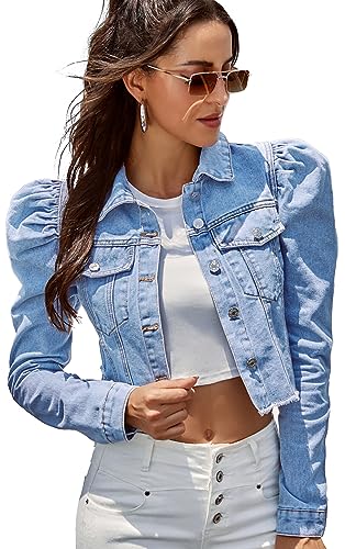 FEOYA Damen Crop Jeansjacke Puffärmeliger Slim Fit Vintage Jeansmantel Taschen Front Button Down Crop Jean Jacke Hellblau S von FEOYA