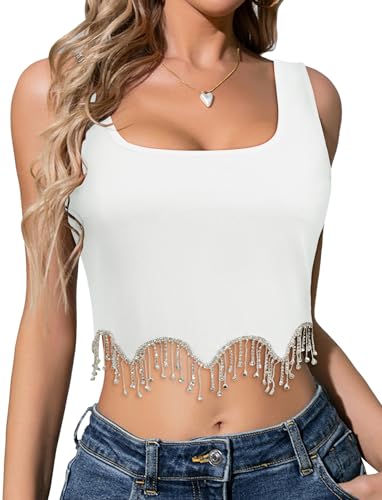 FEOYA Damen Crop Top mit Funkelnd Strass Ärmellos Sexy Tank Tops Fransen Gestrickt Corset Y2K Party Oberteil Größe L-Weiß von FEOYA