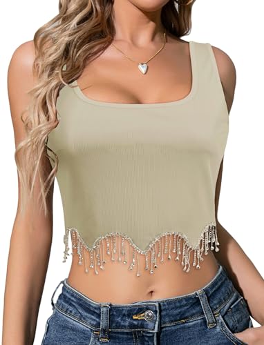 FEOYA Damen Crop Top mit Funkelnd Strass Ärmellos Sexy Tank Tops Fransen Gestrickt Corset Y2K Party Oberteil Größe S-Beige von FEOYA