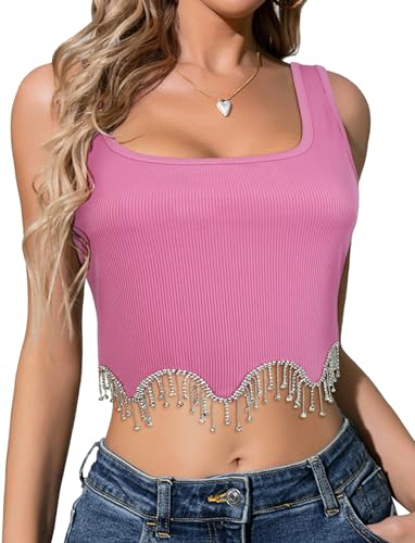 FEOYA Damen Crop Top mit Funkelnd Strass Ärmellos Sexy Tank Tops Fransen Gestrickt Corset Y2K Party Oberteil Größe S-Rosa von FEOYA