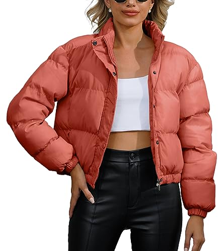 FEOYA Damen Cropped Pufferjacke Kurze Warme Winterjacke Stehkragen Leicht Steppjacke mit Taschen Orange Rot M von FEOYA