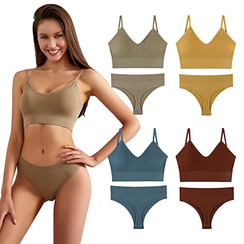 FEOYA Damen Dessous Sets mit Unterhose Rückenfrei BH Set Bustier ohne Bügel Soft Schlaf-BH Sets 4 Sets-B-Größe XL von FEOYA