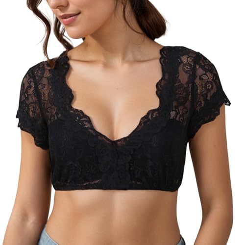 FEOYA Damen Dirndlbluse Spitze Dirndlbluse Kurzarm Oktoberfest Dirndlblusen Halbarm Tracht Bluse V Ausschnitt Elegant XL Schwarz von FEOYA